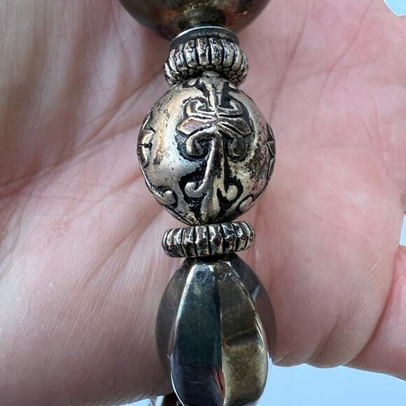 Tarnished silver color beaded necklace. Multiple shapes & sizes of silver color - Picture 2 of 5